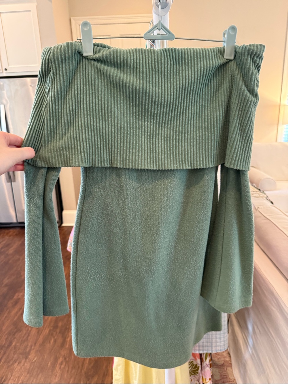 ASOS Sage Green Off-Shoulder Ribbed Mini Dress